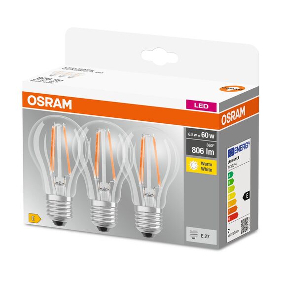 Osram LED Base Classic A, in Kolbenform mit E27-Sockel, Nicht Dimmbar, Ersetzt 60 Watt, Filamentstil Klar, Warmweiß - 2700 Kelvin, 3er-Pack