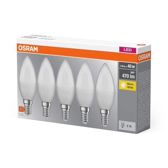 Osram LED BASE Classic B40, matte Filament LED-Lampen aus Glas für E14 Sockel, Kerzenform, Warmweiß (2700K), 806 Lumen, Ersatz für herkömmliche 40W-Glühbirnen, 5er-Box