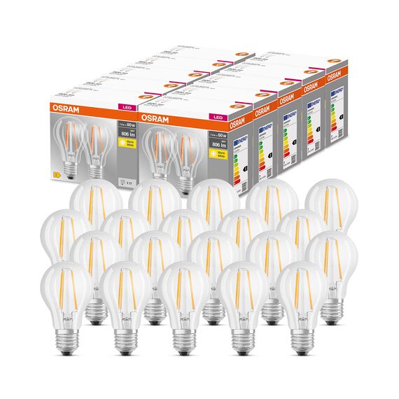 OSRAM LED Base Classic A Lampe, in Kolbenform mit E27-Sockel, nicht dimmbar, Ersetzt 60 Watt, Filamentstil Klar, Warmweiß - 2700 Kelvin, 10 x 2er-Pack