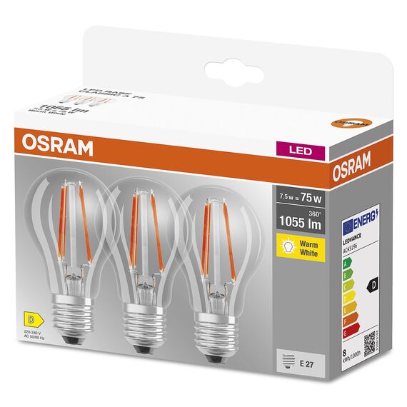 Osram LED BASE Classic A75, klare Filament LED-Lampen aus Glas für E27 Sockel, Birnenform, Warmweiß (2700K), 1055 Lumen, Ersatz für herkömmliche 75W-Glühbirnen, 3er-Box