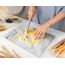 Kitchenville Glasschneidebrett 40×30 cm – Hygienisches Schneidebrett aus gehärtetem Glas – Hitzebeständig, Kratzfest & Rutschfest – Glasplatte für die Küche – Weiß & Gold