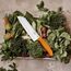 Victorinox Swiss Classic Santokumesser, Messer Asiatischer Art, Extra Scharfe Klinge, Kullenschliff, 17 cm, Rostfreier Stahl, Blister, Orange