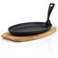 BBQ-Toro Gusseisen Servierpfännchen mit Holzunterlage (4 Stück) | 27 x 18 x 3 cm - oval | bereits eingebrannt - preseasoned | Grillpfännchen mit abnehmbarem Griff | Gusseisenpfanne, Paella Pfanne