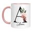 Personalisierte Keramik, Tasse - -mit Blumen Motiv - mit Ihrem Anfangsbuchstaben und Namen - - Geburtstag - Kaffeetasse - beidseitig bedruckt - Geschenke für Frauen (Rosa)