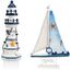 com-four® 2-teiliges maritimes Deko-Set - Dekoratives Holz-Segelschiff 27 cm und Leuchtturm 23 cm für EIN maritimes Ambiente in Ihrem Zuhause (2 Stück Leuchtturm/Segelboot - weiß/blau)