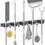 Radikor Besenhalterung Wand, Selbstklebender Besenhalter mit 5 Halter und 4 Haken, Edelstahl Gerätehalter Schraubbar, Gartengerätehalter Gartengeräte Halterung, Besen Mop Halter, Schwarz