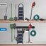 Sinoer Garage Tool Management Wandregal, Garage Wall Management Aufbewahrungsregal mit Haken mit 9 verstellbaren Bügeleisen, Gartengeräten, Stühlen, Besen, Mopps, Rechen
