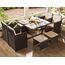 SONGMICS Gartenmöbel-Set Polyrattan Lounge, Esszimmermöbel, Esstisch und Stühle, 9er Set, aus PE-Rattan, Terrassenmöbel, Couchtisch mit Glasoberfläche, mit Kissen, platzsparend, braun-beige GGF009K02