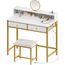 Seventable Schminktisch mit Hocker, 2 Stoffschubladen und Steckdosen, moderner Make-up-Schminktisch mit Werkzeughaken für Schlafzimmer, Schreibtisch für kleine Räume, Gold & Weiß (kein Spiegel)