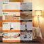 OUTON LED Stehlampe Dimmbar Dreibein Holz mit Regal, Fernbedienung, 4 Farbtemperatur, 1 Stunde Timerfunktion, Stativ Stehleuchte mit Beige Lampenschirm für Wohnzimmer, Schlafzimmer, Büro (Holz)