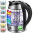 FOR ME Glas Elektrischer Wasserkocher mit Teesieb 1,8L, Temperatureinstellung, Temperaturwahl 40°C bis 100°C, 7 Farben LED-Beleuchtung, Warmhaltefunktion, BPA Frei