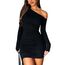 Navneet Damen Off Shoulder Kleid Partykleid Bodycon Langarm Elegant Eng Sexy Outfit Festlich Minikleid Hochzeitgast Schwarz S