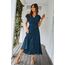 Awemeal Kleid Damen Sommer Elegant V-Ausschnitt Kurzarm Lang Sommerkleid Boho Blumenkleid mit Gürtel Rüschen Saum Wickelkleid Strandkleid A Linie Fließend Maxikleid （L, See Blau）