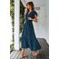 Awemeal Kleid Damen Sommer Elegant V-Ausschnitt Kurzarm Lang Sommerkleid Boho Blumenkleid mit Gürtel Rüschen Saum Wickelkleid Strandkleid A Linie Fließend Maxikleid （L, See Blau）