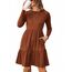 ZEAGOO Damen Herbstkleider Rundhals Langarm Kleid mit Taschen Dünn Elegant Pulloverkleid Herbst Knielang A Linie Kleider Karamell XXL