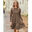 Zeagoo Damen Kleider Langarm Rundhals Herbstkleid mit Taschen Elegant Knielang Kleid Winter Frühling Braun S