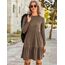 Zeagoo Damen Kleider Langarm Rundhals Herbstkleid mit Taschen Elegant Knielang Kleid Winter Frühling Braun S