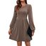 Hotouch Damen Kleider Winter Strickkleid Langarm Kleid Puff Leicht Winterkleid Rundhals Herbstkleid Knielang Weihnachtskleid A Linie Blusenkleid mit Taschen Braun L