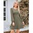 Hotouch Kleid Damen Winter Strickkleid Langarm Kleid Puff Knielang Winterkleid Rundhals Herbstkleid Winter Kleider A-Linie Weihnachtskleid mit Taschen Armeegrün XL