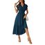 Awemeal Kleid Damen Sommer Elegant V-Ausschnitt Kurzarm Lang Sommerkleid Boho Blumenkleid mit Gürtel Rüschen Saum Wickelkleid Strandkleid A Linie Fließend Maxikleid （M, See Blau）