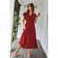 Awemeal Kleid Damen Sommer Elegant V-Ausschnitt Kurzarm Lang Sommerkleid Boho Blumenkleid mit Gürtel Rüschen Saum Wickelkleid Strandkleid A Linie Fließend Maxikleid （L, Weinrot）