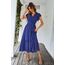 Awemeal Kleid Damen Sommer Elegant V-Ausschnitt Kurzarm Lang Sommerkleid Boho Blumenkleid mit Gürtel Rüschen Saum Wickelkleid Strandkleid A Linie Fließend Maxikleid （S, Blau）
