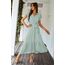 Awemeal Kleid Damen Sommer Elegant V-Ausschnitt Kurzarm Lang Sommerkleid Boho Blumenkleid mit Gürtel Rüschen Saum Wickelkleid Strandkleid A Linie Fließend Maxikleid （M, Grün）