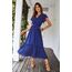 Awemeal Kleid Damen Sommer Elegant V-Ausschnitt Kurzarm Lang Sommerkleid Boho Blumenkleid mit Gürtel Rüschen Saum Wickelkleid Strandkleid A Linie Fließend Maxikleid （S, Blau）