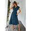 Awemeal Kleid Damen Sommer Elegant V-Ausschnitt Kurzarm Lang Sommerkleid Boho Blumenkleid mit Gürtel Rüschen Saum Wickelkleid Strandkleid A Linie Fließend Maxikleid （M, See Blau）
