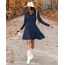 AUSELILY Strickkleid Damen Herbst Leichte A Linie Herbstkleid Langarm Kleider V Ausschnitt Winterkleid Elegant Pulloverkleid Marineblau L