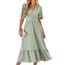 BebreezChic Sommerkleid Damen Lang Boho Elegant Kurzarm V-Ausschnitt Hohe Taille Swiss Dot Gerafft Blumen Strandkleid Maxikleid, Hellgrün S