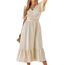 BebreezChic Sommerkleid Damen Lang Boho Elegant Kurzarm V-Ausschnitt Hohe Taille Swiss Dot Gerafft Blumen Strandkleid Maxikleid, Beige L