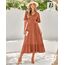 BebreezChic Sommerkleid Damen Lang Boho Elegant Kurzarm V-Ausschnitt Hohe Taille Swiss Dot Gerafft Blumen Strandkleid Maxikleid, Karamell M