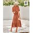 BebreezChic Sommerkleid Damen Lang Boho Elegant Kurzarm V-Ausschnitt Hohe Taille Swiss Dot Gerafft Blumen Strandkleid Maxikleid, Karamell XL