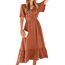 BebreezChic Sommerkleid Damen Lang Boho Elegant Kurzarm V-Ausschnitt Hohe Taille Swiss Dot Gerafft Blumen Strandkleid Maxikleid, Karamell XL