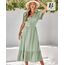BebreezChic Sommerkleid Damen Lang Boho Elegant Kurzarm V-Ausschnitt Hohe Taille Swiss Dot Gerafft Blumen Strandkleid Maxikleid, Hellgrün XL