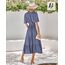 BebreezChic Sommerkleid Damen Lang Boho Elegant Kurzarm V-Ausschnitt Hohe Taille Swiss Dot Gerafft Blumen Strandkleid Maxikleid, Blau-Violett L