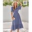 BebreezChic Sommerkleid Damen Lang Boho Elegant Kurzarm V-Ausschnitt Hohe Taille Swiss Dot Gerafft Blumen Strandkleid Maxikleid, Blau-Violett XL