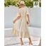BebreezChic Sommerkleid Damen Lang Boho Elegant Kurzarm V-Ausschnitt Hohe Taille Swiss Dot Gerafft Blumen Strandkleid Maxikleid, Beige S