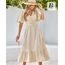 BebreezChic Sommerkleid Damen Lang Boho Elegant Kurzarm V-Ausschnitt Hohe Taille Swiss Dot Gerafft Blumen Strandkleid Maxikleid, Beige M