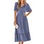 BebreezChic Sommerkleid Damen Lang Boho Elegant Kurzarm V-Ausschnitt Hohe Taille Swiss Dot Gerafft Blumen Strandkleid Maxikleid, Blau-Violett XL
