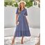 BebreezChic Sommerkleid Damen Lang Boho Elegant Kurzarm V-Ausschnitt Hohe Taille Swiss Dot Gerafft Blumen Strandkleid Maxikleid, Blau-Violett S