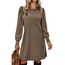 Zeagoo Strickkleid Damen Puff Leicht Herbstkleid Langarm Pulloverkleid Rundhals Midikleid Elegant Winterkleid mit Taschen Braun XXL