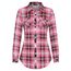 DJT Damen Weiches Gestrick Karierte Bluse Langarm Oberteile Roll Up Ärmel Hemdbluse Shirts Button Down Blusen Top Rosa-Braun XL