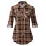 DJT Damen Weiches Gestrick Karierte Bluse Langarm Oberteile Roll Up Ärmel Hemdbluse Shirts Button Down Blusen Top Kaffee-Braun L