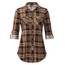 DJT Damen Weiches Gestrick Karierte Bluse Langarm Oberteile Roll Up Ärmel Hemdbluse Shirts Button Down Blusen Top Kaffee-Braun XXL