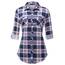 DJT Damen Weiches Gestrick Karierte Bluse Langarm Oberteile Roll Up Ärmel Hemdbluse Tunika Button Down Blusen Top Blau-Rosa XXL