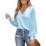 CUPSHE Damen Blusen V-Ausschnitt Spitzen Wellenkante Puffärmel Langarmshirt Lässige Lace Oberteile Tunika Bluse Tops Hellblau M