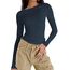 Cuptacc Top Langarm Damen Eng Slim Fit Oberteile Damen Fashion Solid Color Round Neck Langarm Shirts Kurz Schnelltrocknend Longsleeve Marineblau M