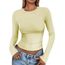 Cuptacc Top Damen Langarm Elegant Eng Klassisch Round Neck Langarmshirt Damen Baumwolle Longshirt Crop Luftig Stretch Longsleeve Creme Gelb XXL
